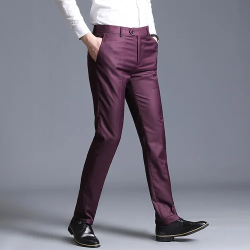 wine red Мужские костюмные брюки Летние Мужские модельные брюки деловые офисные прямые брюки мужские темно-синие деловые штаны мужские Pantalon Hombre 38 - Цвет: wine red
