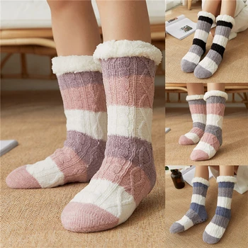 

Thick Warm Sleep Socks Slippers Socks Thicken Women Girls Print Stripe Casual Non Slip Warm Winter Mid Tube Cute Socks