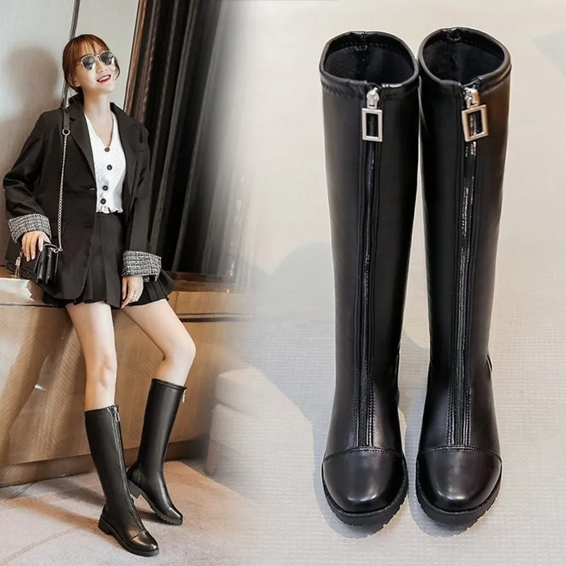 

2021 Fashion Ladies Elastic Platform Boots Front Zipper High-Top Rider Boots Large 41-43 Knee Boots Women's Black Warm Work New