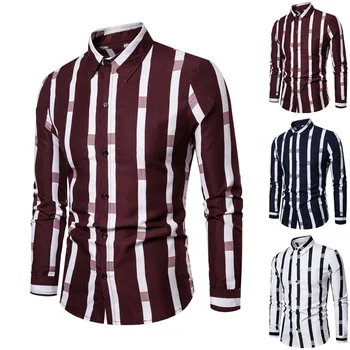 

Men Splicing Striped Business Leisure Retro Long-sleeved Shirt Top Blouse New Arrivals Slim Fit Male Shirt Solid Long Sleeve Bri
