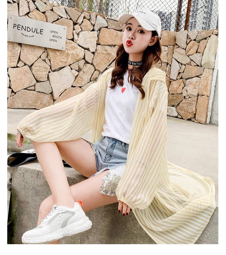 Spring And Summer New Style Korean-style Loose-Fit BF Mid-length Striped Shirt Hooded Sunscreen Coat Thin Coat