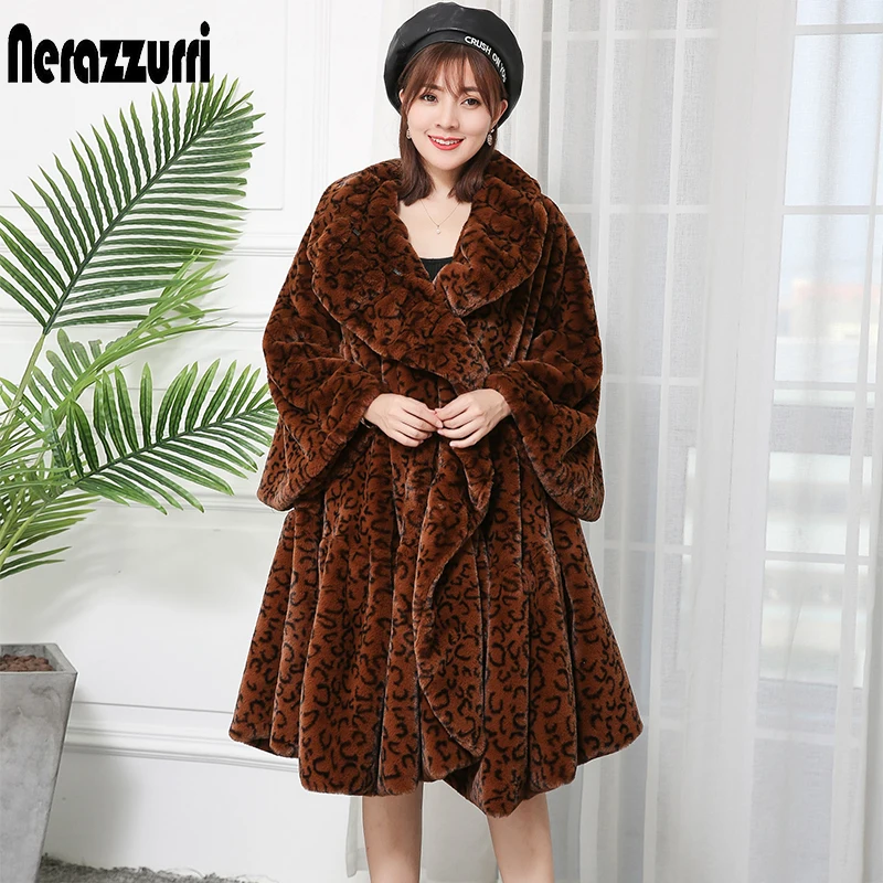 Caramel Leopard Nerazzurri зимнее леопардовое пальто из искусственного меха женское свободное негабаритное облегающее меховой пушистый Жакет длинный Леопардовый принт подиумная уличная шуба из искусственного меха шубка летучая мышь - Цвет: Caramel Leopard