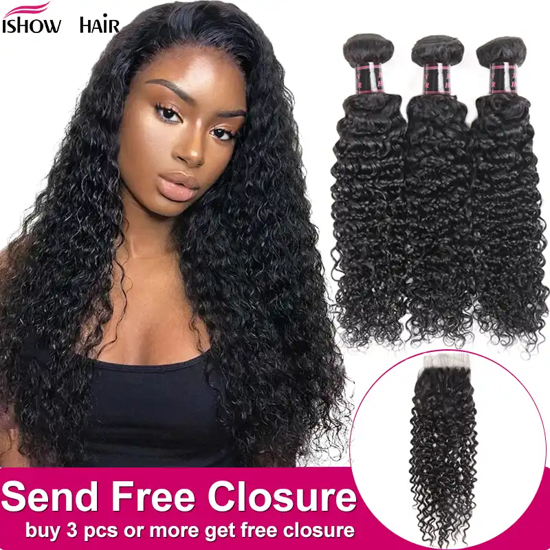 Ishow Kinky Curly Hair Bundles With Free Closure Curly Human Hair