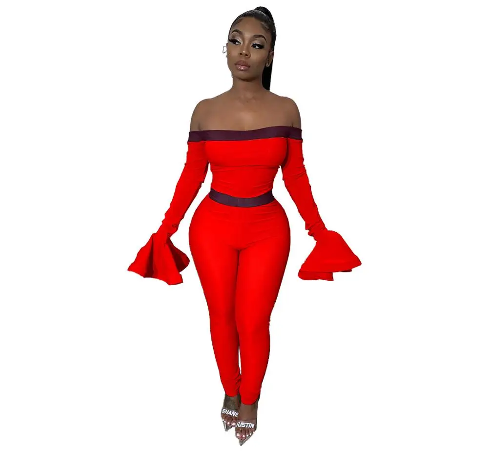red jumpsuits Adogirl/модное сексуальное боди на лямках с открытыми плечами и расклешенными рукавами; Облегающий комбинезон с вырезом лодочкой; повседневный комбинезон; клубный наряд - Цвет: red jumpsuits