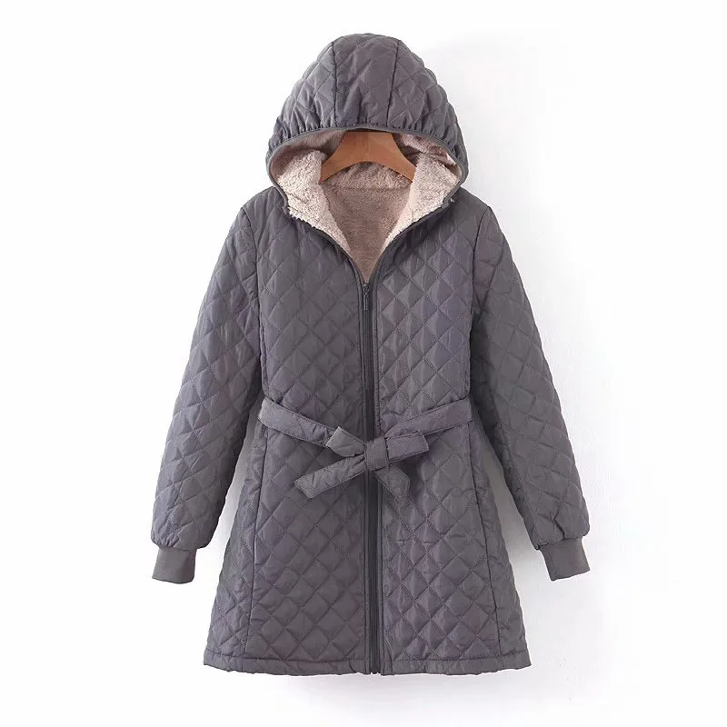 

Europe And America WOMEN'S Dress 19 Winter New Style Mid-length Lining Plush Lace-up Hooded Cotton Overcoat Women's D8025