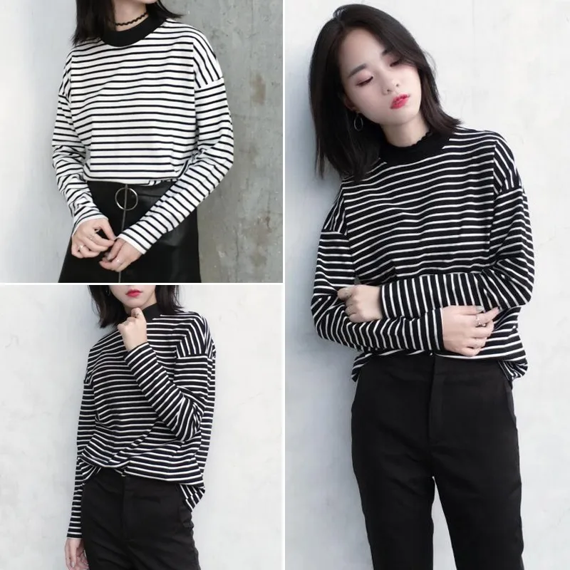 

2020 South Korea Spring And Autumn Loose-Fit Korean-style Half-Turtle-Neck Stripes Slimming Base T-shirt Women's Long-Sleeve Top