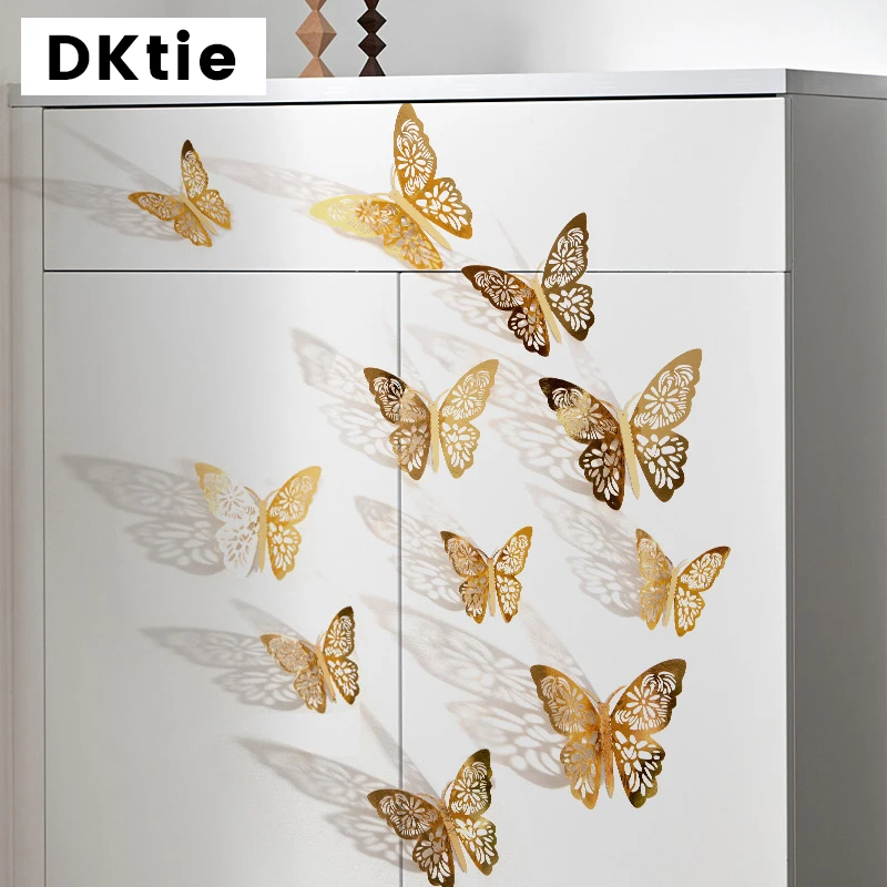 12 unidades/juego de pegatinas de mariposa 3D para pared, pegatinas para ventana de decoración de boda, refrigerador, decoración del hogar, mariposa dorada y plateada