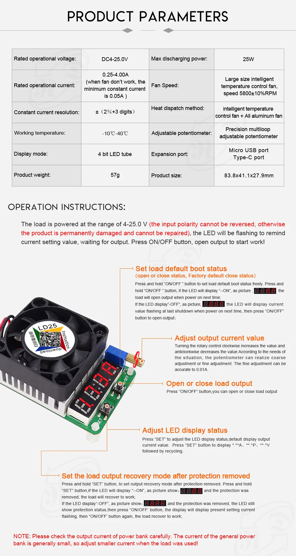 RD LD25 LD35 USB интерфейс электронный нагрузочный резистор разрядка батарея тест светодиодный дисплей вентилятор регулируемый ток напряжение 25 Вт