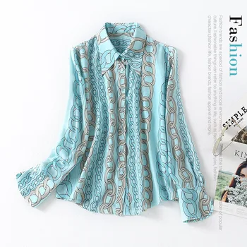 

New 2020 mulberry silk shirt collar chain printing horn sleeve female single breasted joker silk shirt