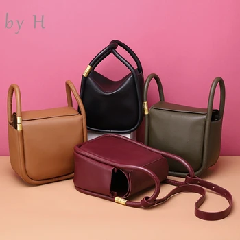 

By H 2020 Genuine Leather Women's Bucket Shoulder Bag Foldable Dumpling Handbag Luxury Designer Box Bag Green burgundy Purse