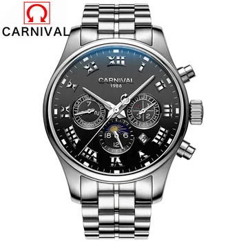 

Carnival Top Brand Luxury Automatic Mechanical Watch Men Business Full Steel Watches Male Waterproof Push Button Hidden Clasp Wristwatches Moon Phase Clock