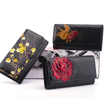 

High Quality Wallets Embossing Peony/Plum Blossom Genuine Leather Women Long Wallet Best Gift To Mom Girls National Lady Purse