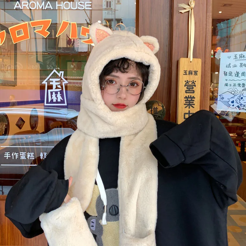 Apricot H7764, женская шапка-бомбер, Осень-зима, плюшевые уши, защита шеи, теплая утолщенная шапка для девушек, студентов, корейские милые повседневные Модные шапки - Цвет: Apricot