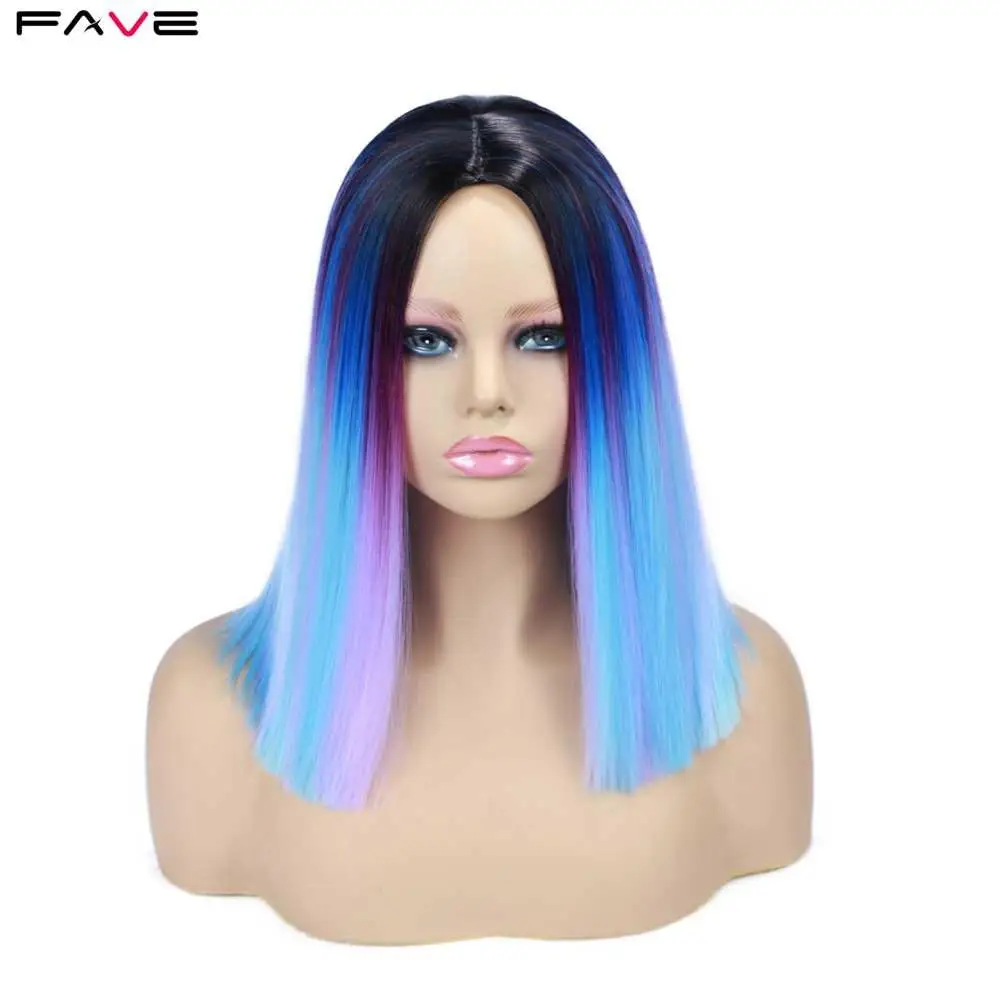 

FAVE Ombre Wigs Short Bob Synthetic Wig Rainbow Colorful Straight Hair Middle Part Cosplay Heat Resistant Fiber Forr Black Women