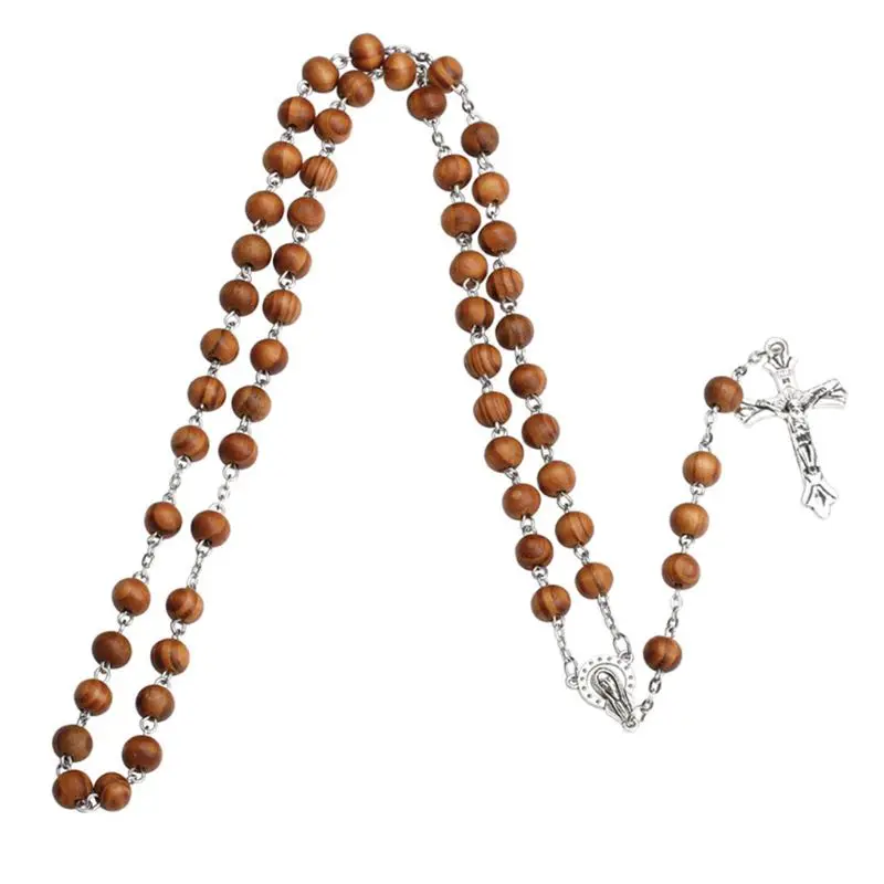 Ручной работы круглый шарик католические четки крест религиозное ожерелье из деревянных бусин подарок D0AC