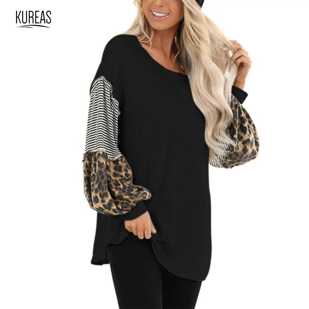 Kureas Women's T Shirt Long Puff Sleeve Casual T-Shirts Fashion Leopard Striped Patchwork Knitted Female Tops Autumn Winter