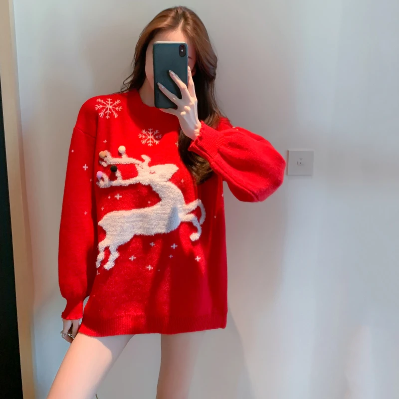 

Autumn and Winter Towel Embroidered Milu Women's Sweater 2020 oversized Loose O-Neck Lazy Casual Retro Thickened Jumpers Sweater