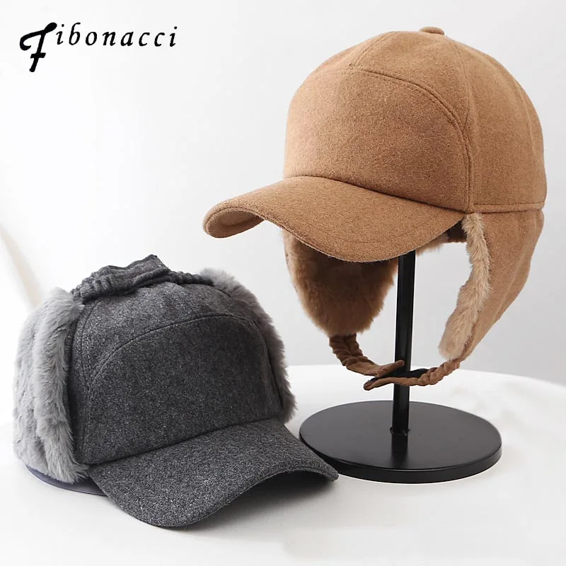 

Fibonacci High Quality Cold Proof Warmth Retention Women Bomber Hats Adult Autumn Winte Hat Fine Cashmere Ear Flap Flat Cap