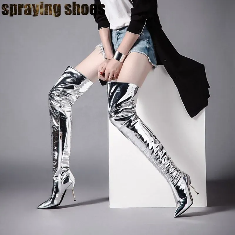 

Sexy Women Silver Thigh High Boots Chic Over The Knee Metal High Heel Boots Ladies Party Shoes Autumn Winter High Boots Woman