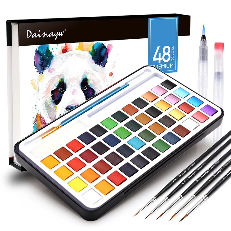 Dainayw 48 Premium Watercolor Paint Set, with Watercolor Paper, Water Brushes, Detail Paint