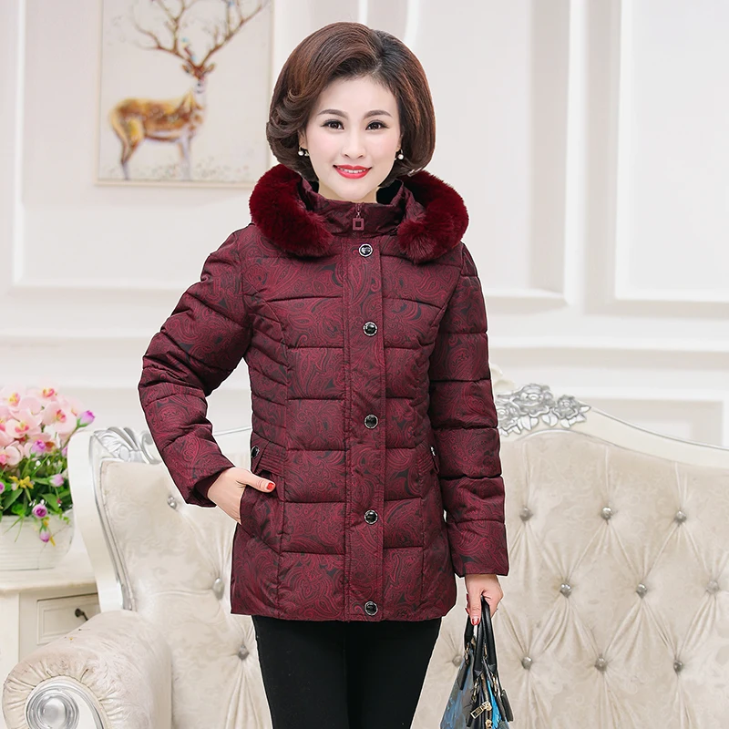 #*Cheap 2019Winter women #039;s cotton padded clothes fashionable graceful fur collar stampa outerwear Middle aged plus size Thicken Coat