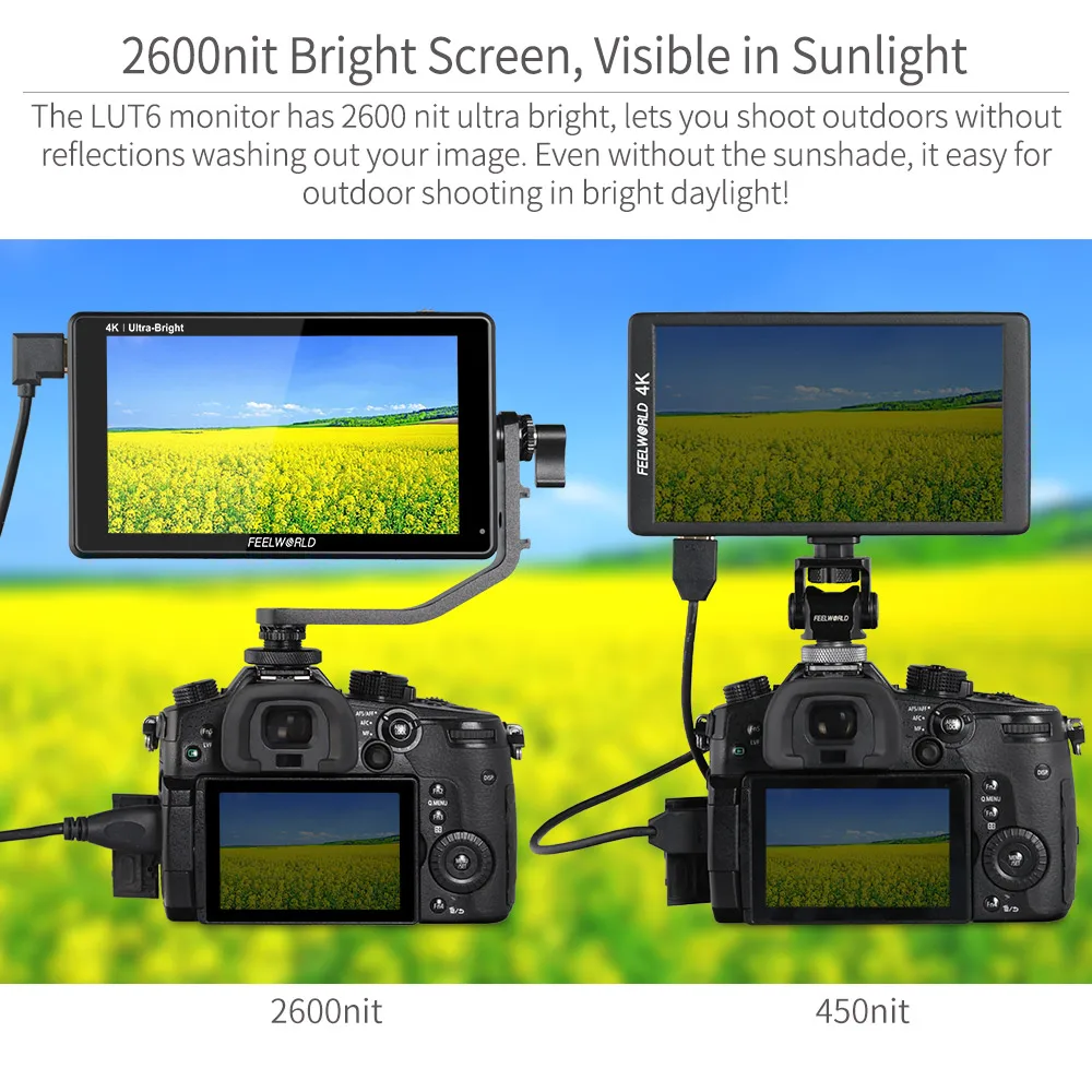 FEELWORLD 2600nits HDR 3D LUT6 Inch Touch Screen on Camera Field DSLR Monitor with Waveform VectorScope  for twitter stabilizer