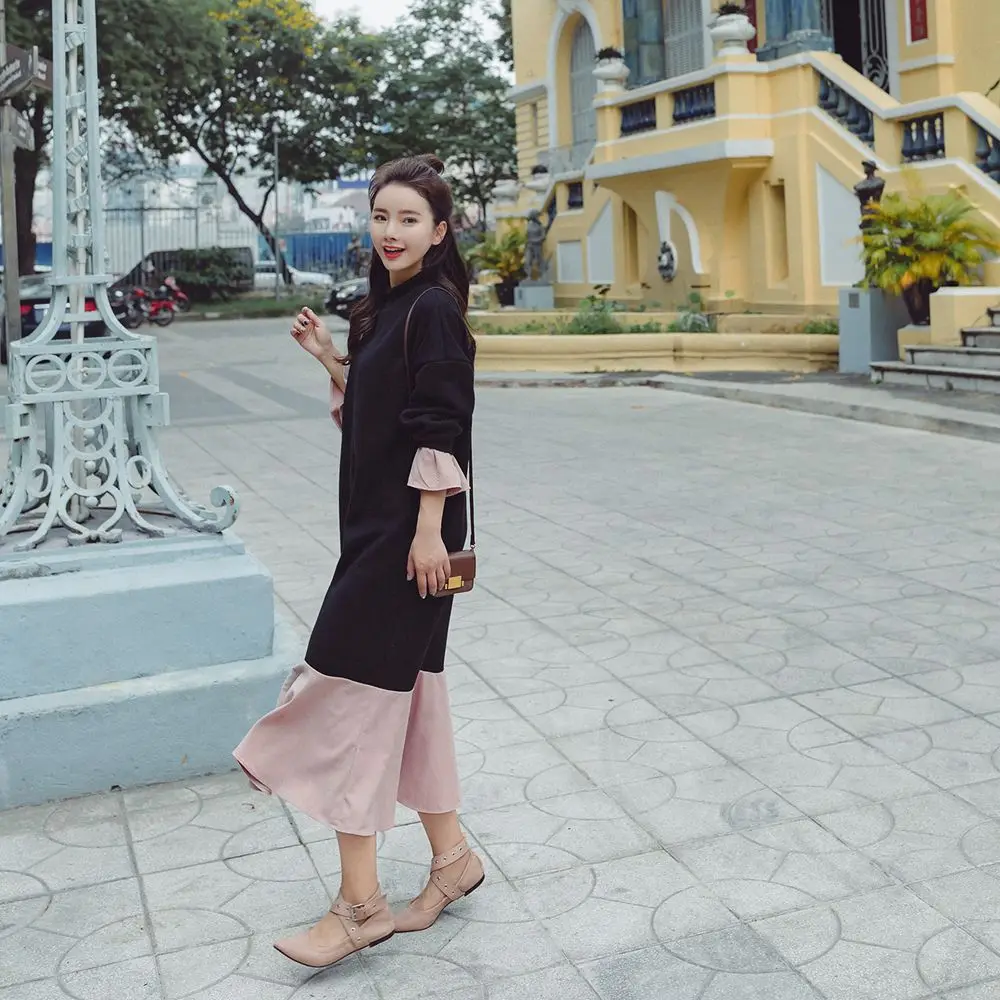 

Spring New Style WOMEN'S Dress Literature And Art Retro Slimming Contrast Color Joint Long Mock Two-Piece Hoodie Dress