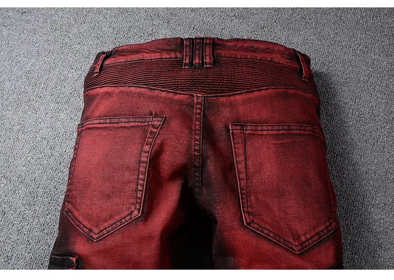Seveyfan Марка NEW FASHION Hi Street Для мужчин красные джинсы для езды на мотоцикле узкие плиссированные рабочие джинсы брэнда Хлопковые джинсы для мужчин R2563