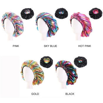 

38cm Double Layer Hair Styling Caps Adjustable Silky Bonnet Women Night Sleep Cap Laser Reversible Hat Liner Solid Head Wear