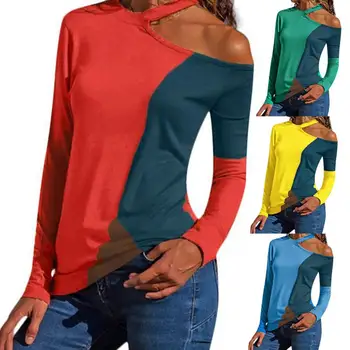 

Women Sexy Long Sleeve O Neck Color Block Patchwork One Shoulder Blouse Top Sexy Long Sleeve O Neck Block Patchwork Blouse