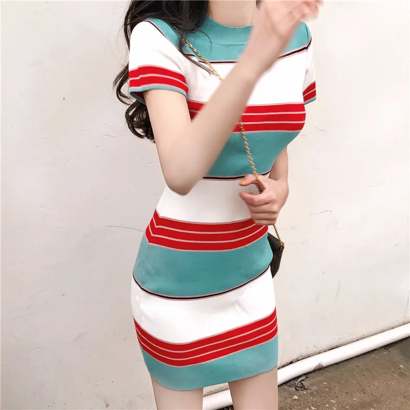 Stripe Knitted Dress Spring Summer Short Sleeve Color Knitted O Neck Vestido Slim Women Fashion Dresses Casual Wear