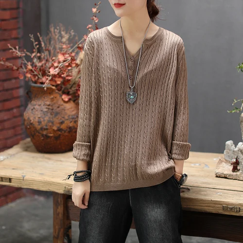 khaki Sweaters Трендовый пуловер с длинным рукавом и v-образным вырезом, джемпер, однотонная трикотажная рубашка, Женское пальто, 5 цветов, компьютерная трикотажная рубашка Z4 - Цвет: khaki Sweaters
