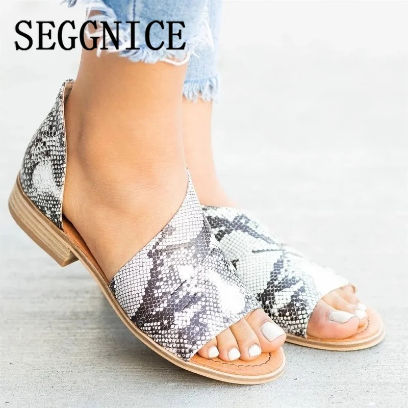 

Women's Casual Spring Summer Slip on Sandals Peep Toe Flat Shoes 2019 Leopard Snake Pattern Solid Women Shoes Black White Shoes