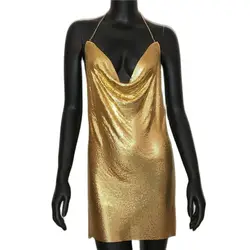 Glamorous Metallic Sequin Backless Mini Dress with Mesh Harness Details - M (Gold)