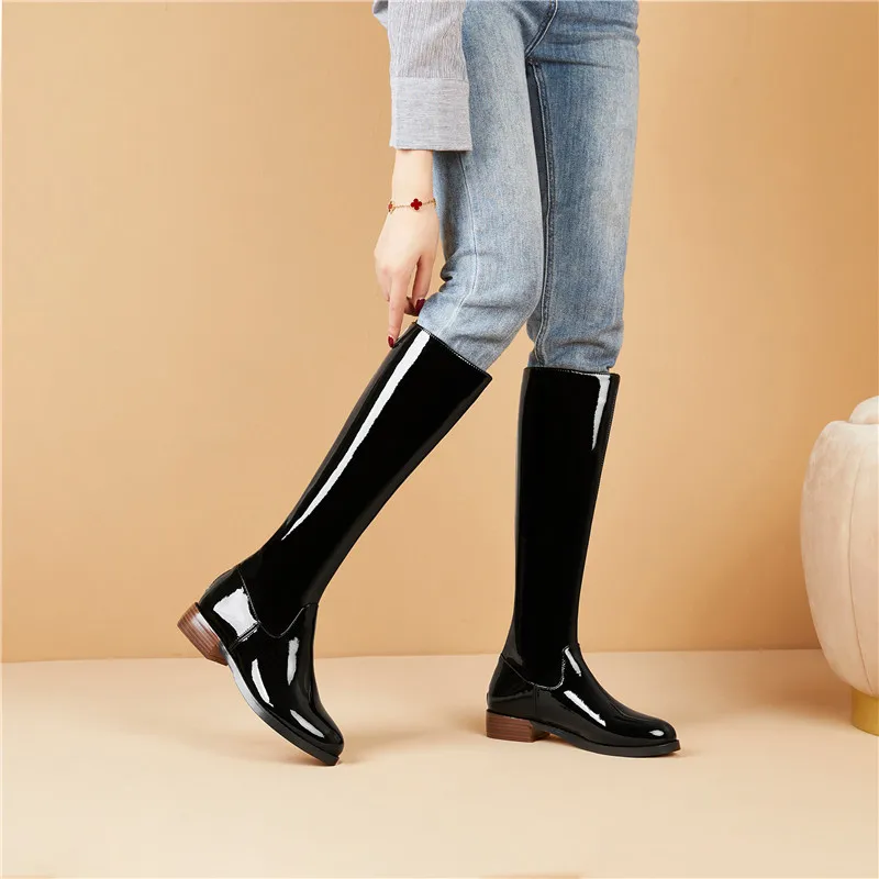 ASUMER plus size 45 knee high boots women patent leather square heel autumn winter shoes woman fashion riding boots