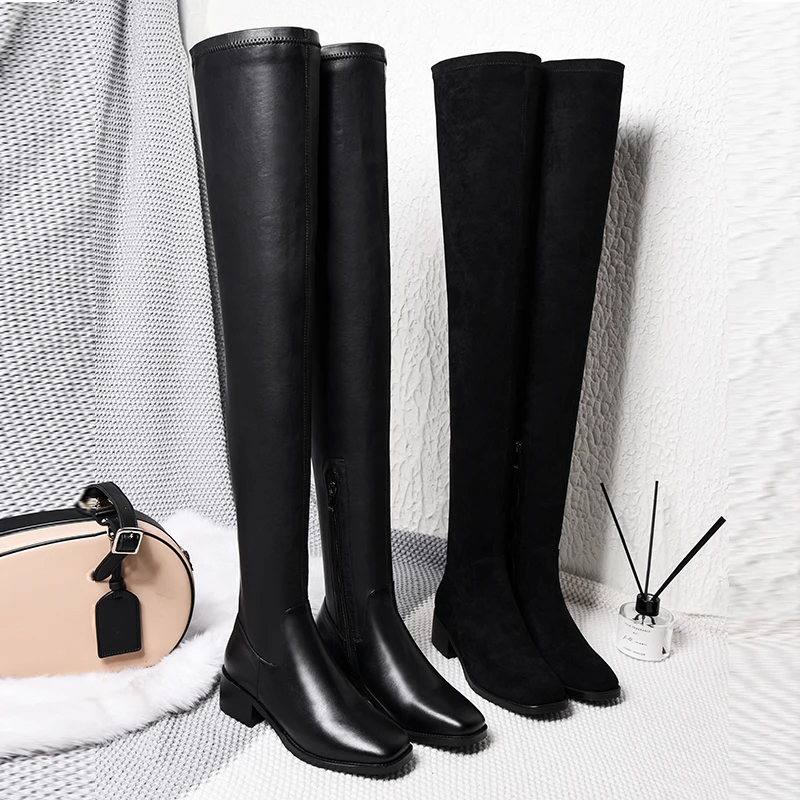 Новое поступление; женские ботфорты; сезон осень-зима; Теплая обувь на квадратном каблуке; элегантные женские сапоги на молнии с квадратным носком