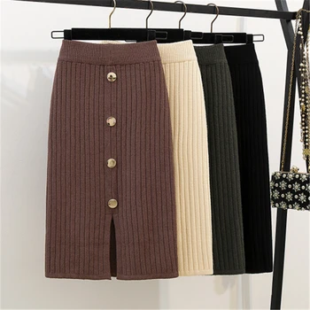 

Winter Women Knitting Skirt Solid A-Line High Waist Mid-Calf Sweet Skirts Empire Button Casual Korean Vintage Harajuku Skirt