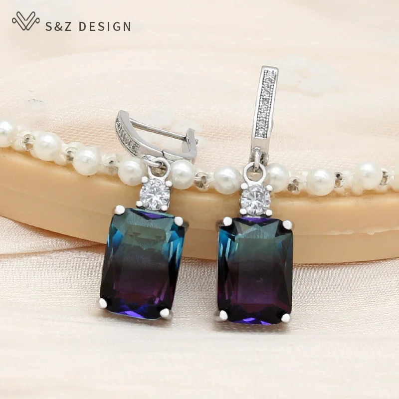 S&Z DESIGN New Fashion Rose Gold Color Cubic Zirconia Square Tourmaline Dangle Earrings For Women Wedding Fine Elegant Jewelry