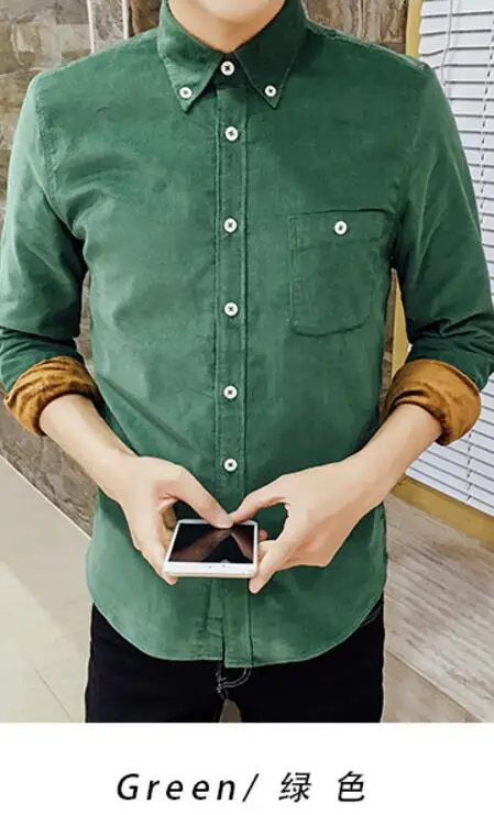 Зимняя мужская Однотонная рубашка размера плюс 4XL 5XL, теплая Вельветовая теплая Повседневная зимняя приталенная Мужская рубашка большого размера с длинным рукавом - Цвет: green