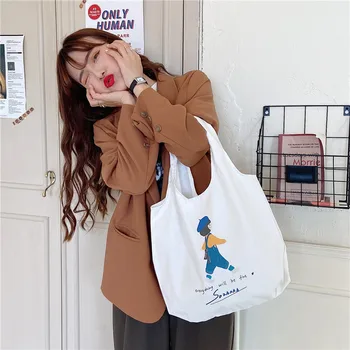 

Ladies Handbags Canvas Tote Bag Cartoon Pattern Shopping Travel Women Shoulder Shopper Bags