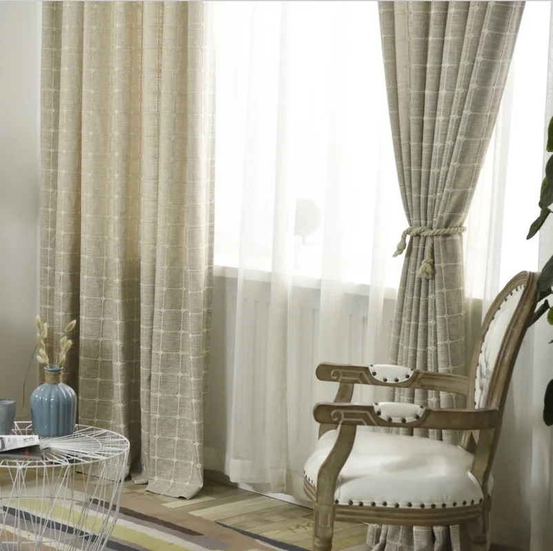 Korean-style Curtains for Living Dining Room Bedroom Solid Color Lattice Hemp Curtain Pink Blue Green Gray Five Colors Available | Дом и сад