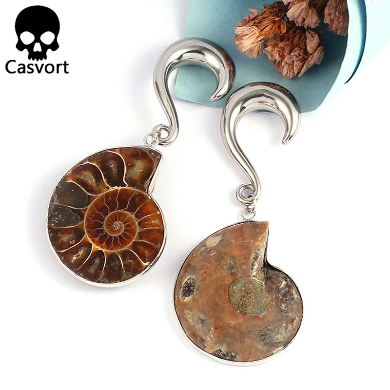 Casvort 2 шт. escargot натуральный камень затычки для ушей серьги из нержавеющей стали весы с крючком сережки, украшение для пирсинга вешалки для веса 2 шт