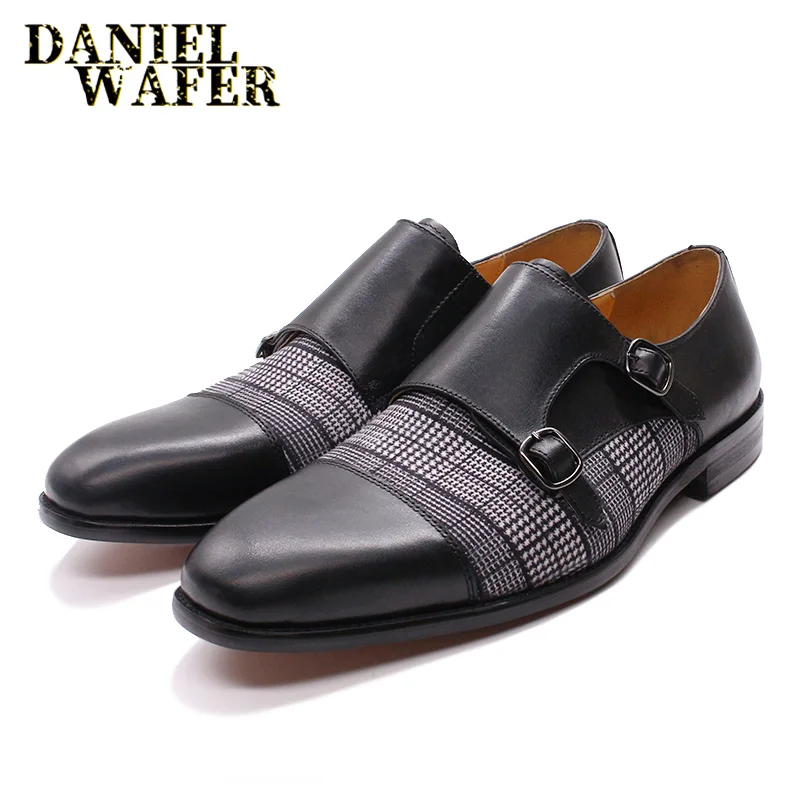 Luxury Men's Loafers Patchwork Plaids Cloth Double Monk Strap Slip On Cap Toe Brown Black For Men Casual Dress Leather Shoes Men