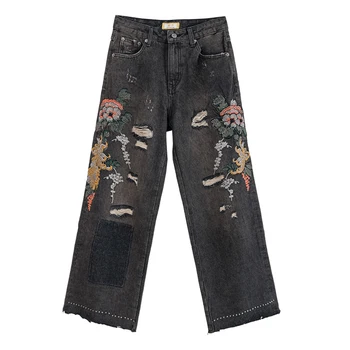 

Spring Fall Women Vintage High Waist Embroidery Sequined Ripped Hole Wide Leg Black Denim Trousers , Fall Womens Jeans Pants