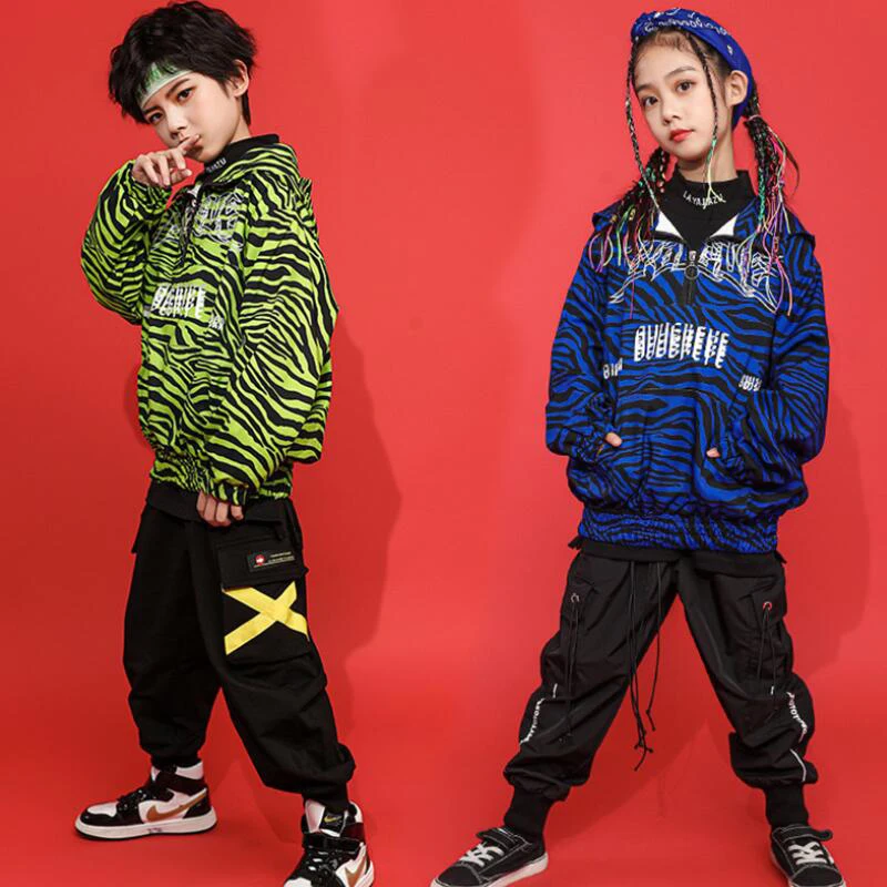 

Kids Jazz dance Outfits clothing Zebra Print Hoodie Tactical Cargo Pants Girls Boys HIP HOP Dance Costume Clothes Street Wear