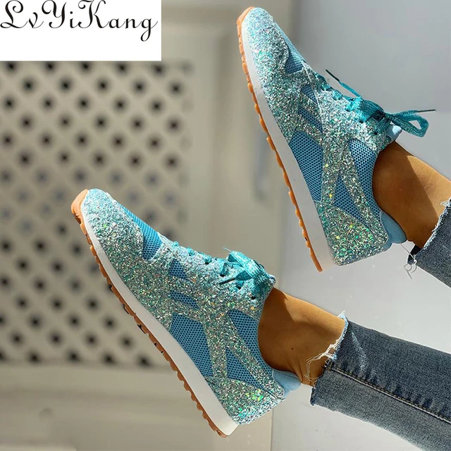 Women Flat Glitter Sneakers Casual Bling Vulcanized Shoes Female Mesh Lace  Up Platform Comfort Plus Size Fashion Ladies Autumn - Women's Vulcanize  Shoes - AliExpress