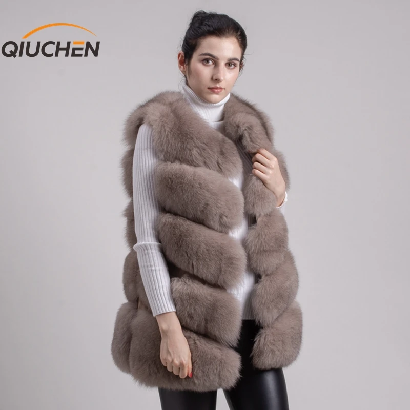 QIUCHEN PJ8006 2019 Новое поступление, бесплатная доставка, Женское пальто, Длинный жилет из натурального Лисьего меха, жилет из натуральной кожи