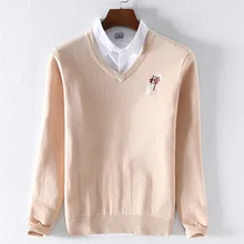 Осенне-зимний Высококачественный свитер для мужчин с китайской вышивкой и v-образным вырезом, мужские свитера из чистого хлопка, тонкий вязаный длинный рукав, тонкий пуловер