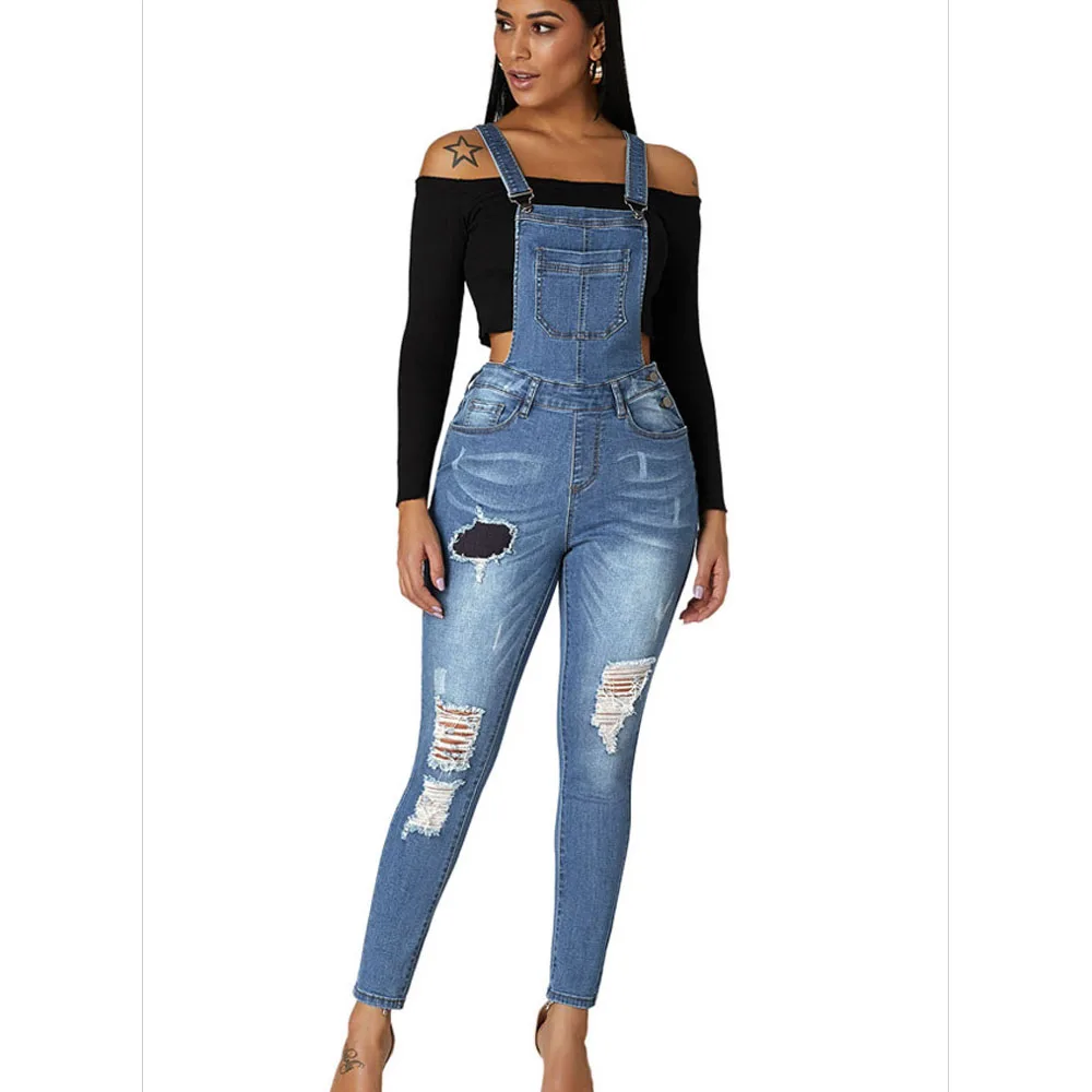 

S-XL Womens Denim Jumpsuits Overalls Sexy Hole Jeans Office Casual Pocket Pencil Pants Femme Trousers DLM786039