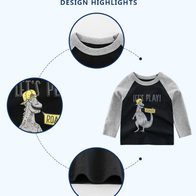 2-9 Years Old Autumn Children's Clothing New T-shirt Long-sleeved Boy Bottoming Shirt Cotton Dinosaur Cartoon Print T-shirt